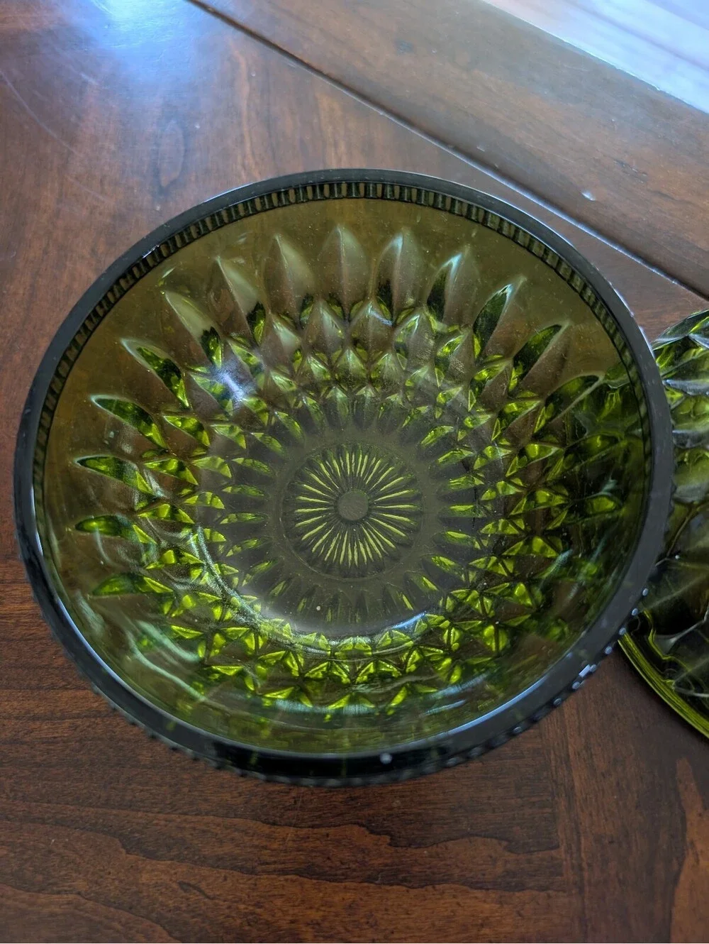 Vintage Indiana Glass Co. Mount Vernon Green Cut Glass Candy Dish | Olive Green